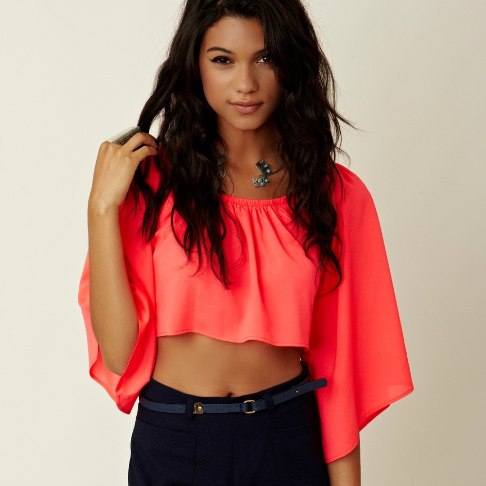 Planet Blue Neon Pink Crop Top with Bell Sleeves
